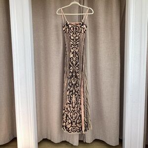 Mariana Beige & Black Sequined Evening Long Dress.